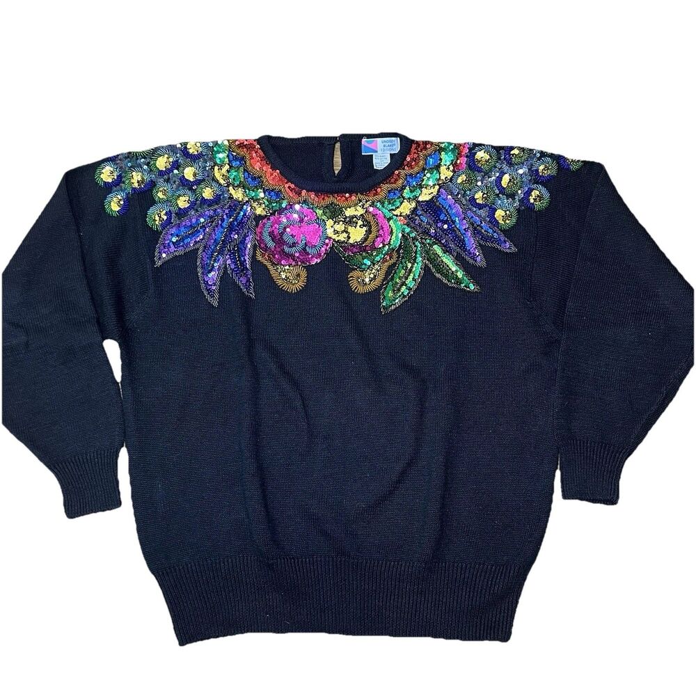 Vtg Lindsey Blake Womens L-XL Pullover Sweater Sequins & Beads Peacock Black